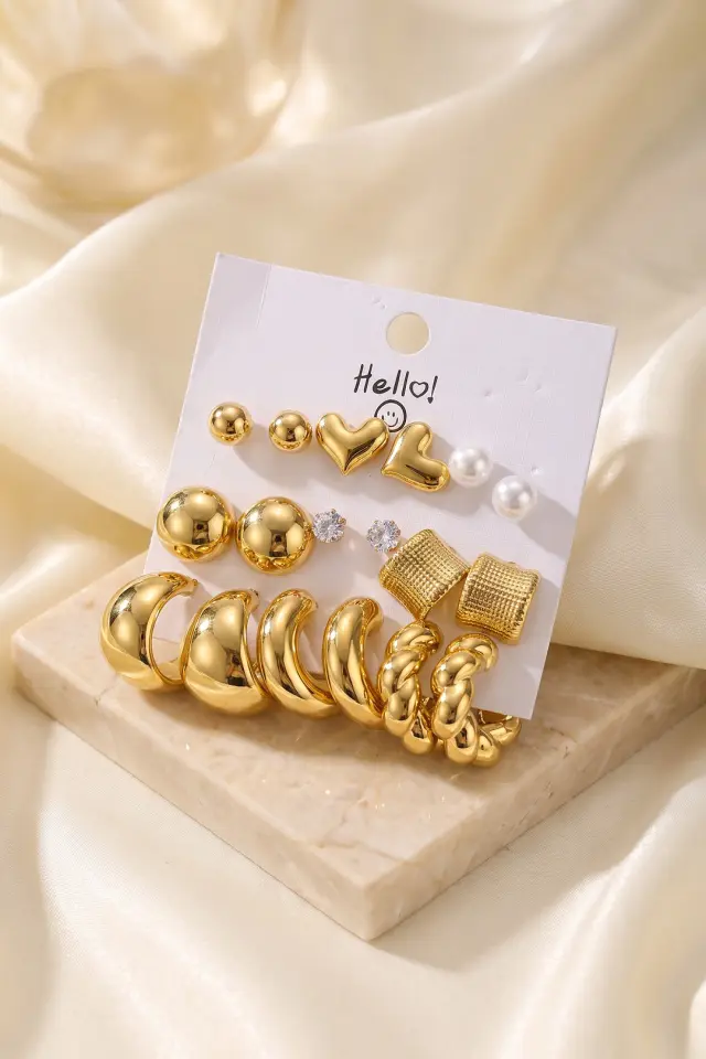 Gold Renk Metalik Kaplamalı Karışık Model Detaylı CCB 9 Çift Küpe Seti TJ-BKP12106