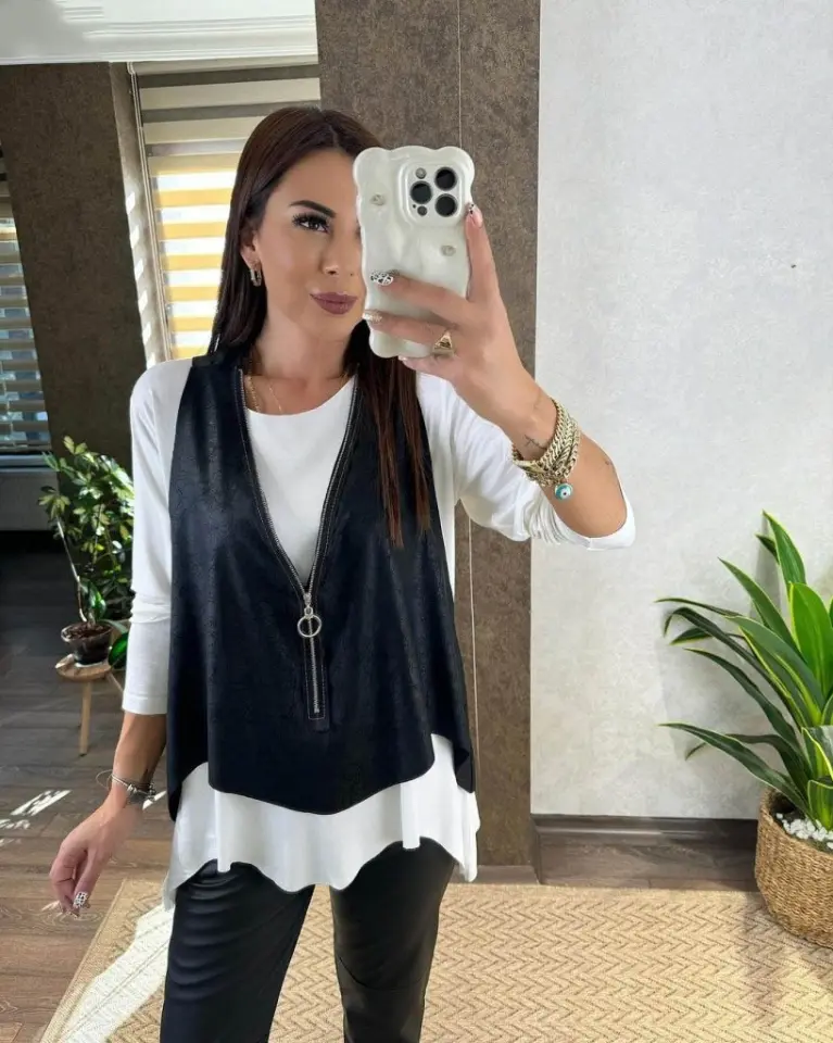Kadın Uzun Kollu Asimetrik Kesim Viskon Bluz Ve çatlak Deri Görünümlü Yelek Ikili Takım