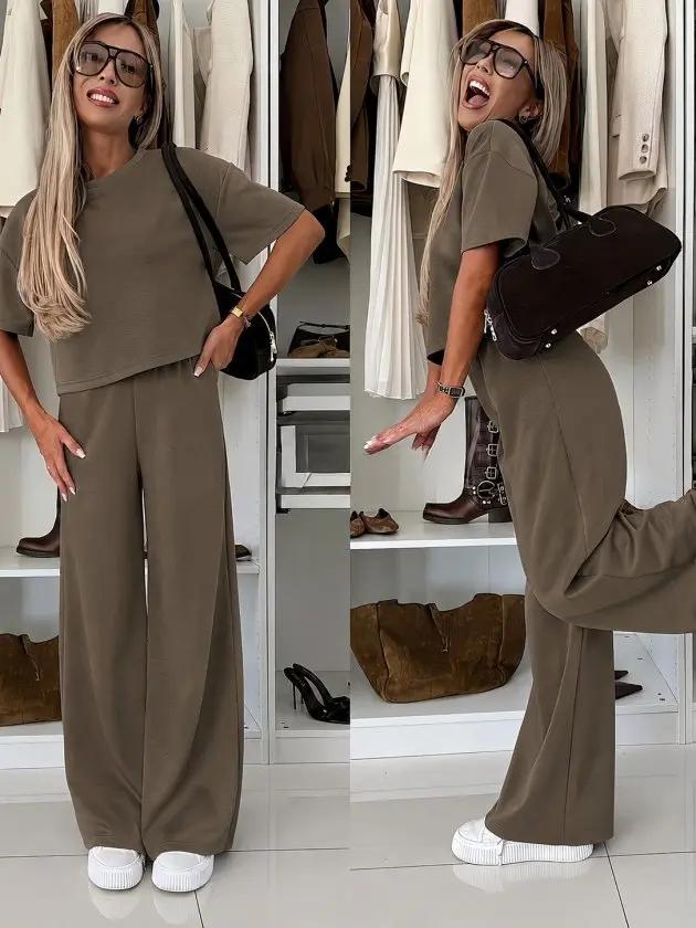 Kadın Kısa Kollu Bisiklet Yakalı Modal Bluz Ve Pantolon Ikili Takım